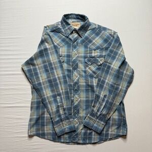 WRANGLER Western Pearl Snap Shirt‎ Mens L Blue Check Gold Thread Rodeo Cowboy